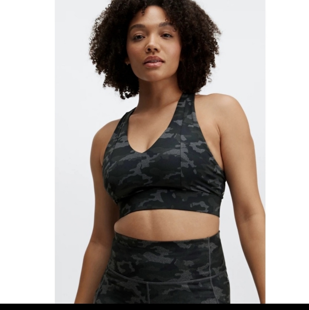 Fabletics On-The-Go Midi Medium Impact Sports Bra Charcoal Camo Logo